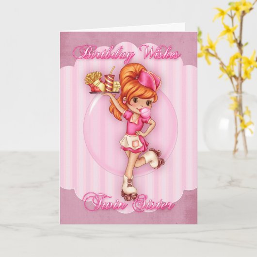 Tweeling zus verjaardagskaart - schattige serveers kaart (Gele Bloem)