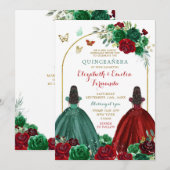 Tweeling Zusters Hunter Groen Rood Rose Quinceañer Kaart (Voorkant / Achterkant)