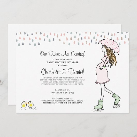 Tweeling Zwangere Moeder Paraplu Baby Shower Per P Kaart (Voorkant / Achterkant)