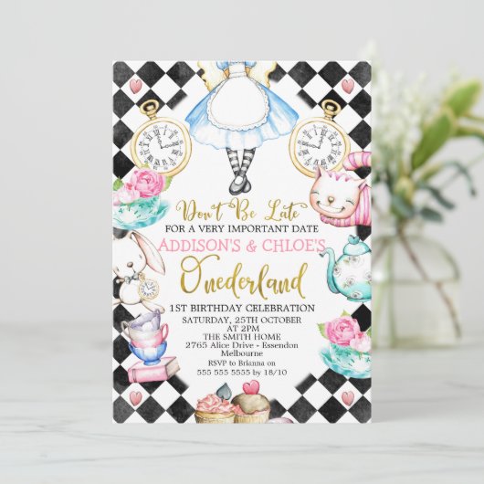 Tweeling Zwart Diamant Alice In Onderland Verjaard Kaart (Staand voorkant)