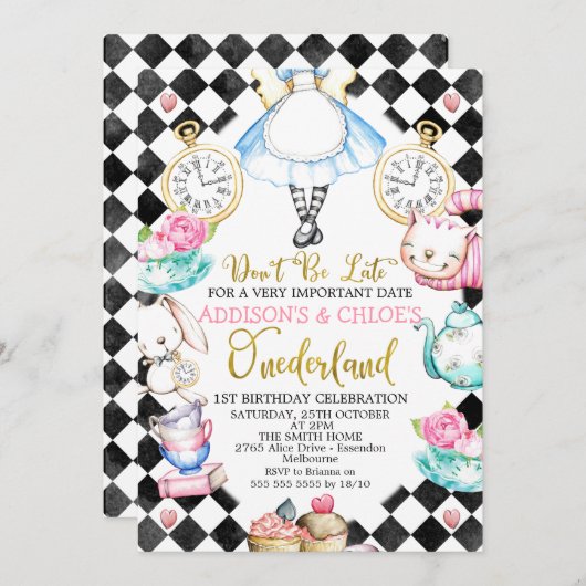 Tweeling Zwart Diamant Alice In Onderland Verjaard Kaart (Voorkant / Achterkant)