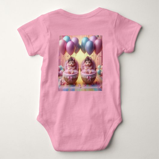 Tweelingbaby meisjes in pastelballonnen en linten romper (Achterkant)