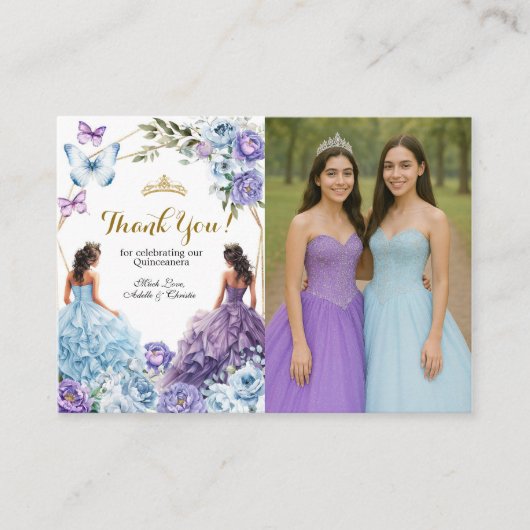 Tweelingblauwe en Paarse Roos prinsessen Quinceañe Informatiekaartje (Voorkant)
