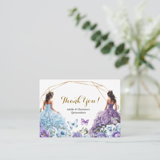 Tweelingblauwe en Paarse Roos prinsessen Quinceañe Informatiekaartje (Staand voorkant)