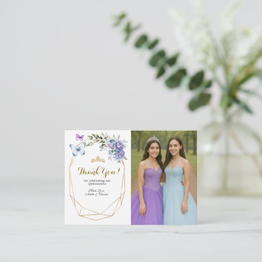 Tweelingblauwe en Paarse Roos prinsessen Quinceañe Informatiekaartje (Staand voorkant)
