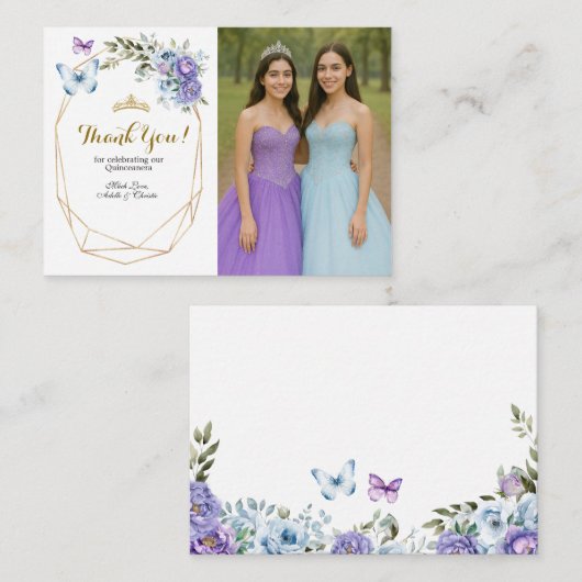 Tweelingblauwe en Paarse Roos prinsessen Quinceañe Informatiekaartje (Voorkant / Achterkant)