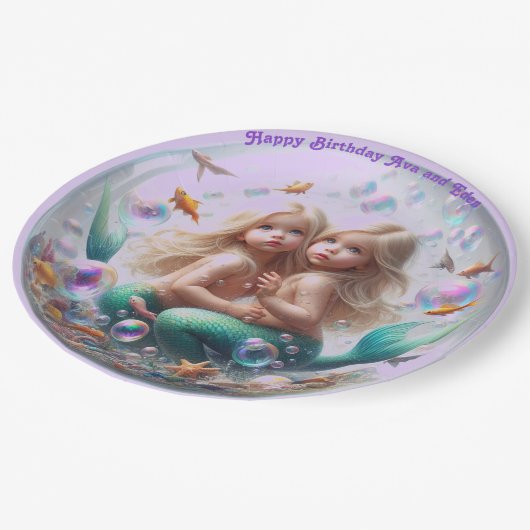 Tweelingblond Kleine Zeemeerminnen Bubble Papieren Bordje (Gekanteld)