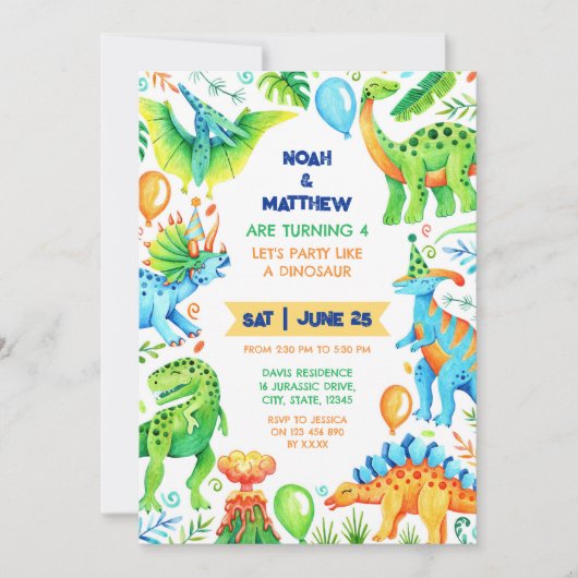 Tweelingbroers Gezamenlijke Dinosaurus Verjaardag  Kaart (Voorkant)