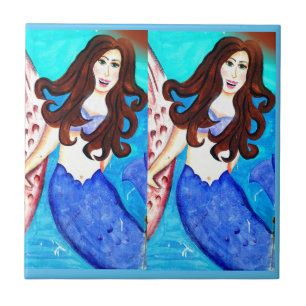 tweelingbrunette mermaids blauw tegeltje