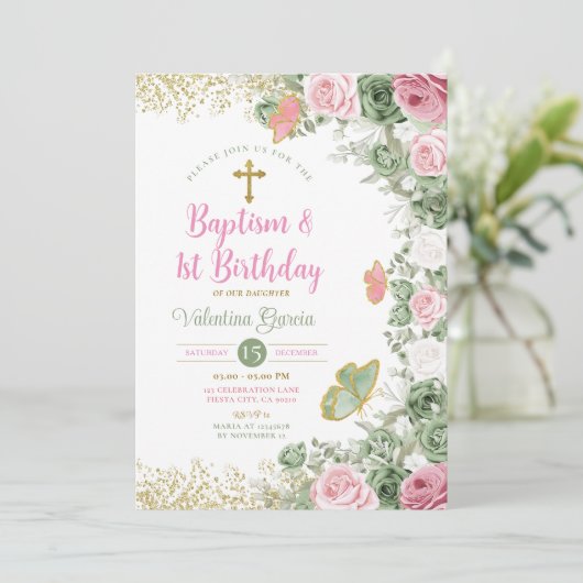 Tweelingdoop & 1e verjaardag Sage Groen Roze Bloem Kaart (Staand voorkant)