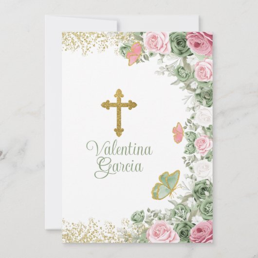 Tweelingdoop & 1e verjaardag Sage Groen Roze Bloem Kaart (Achterkant)