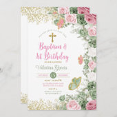 Tweelingdoop & 1e verjaardag Sage Groen Roze Bloem Kaart (Voorkant / Achterkant)