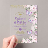 Tweelingdoop en 1e verjaardag Paarse Bloemenkruis Acryl Uitnodigingen (Insitu (Draagbaar))