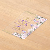 Tweelingdoop en 1e verjaardag Paarse Bloemenkruis Acryl Uitnodigingen (Laagn)