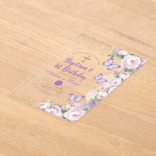 Tweelingdoop en 1e verjaardag Paarse Bloemenkruis Acryl Uitnodigingen (Laagn)