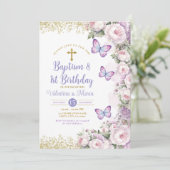 Tweelingdoop en 1e verjaardag Paarse Bloemenkruis Kaart (Staand voorkant)