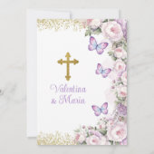 Tweelingdoop en 1e verjaardag Paarse Bloemenkruis Kaart (Achterkant)