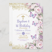 Tweelingdoop en 1e verjaardag Paarse Bloemenkruis Kaart (Voorkant / Achterkant)