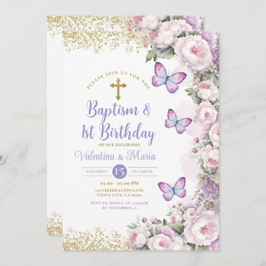 Tweelingdoop en 1e verjaardag Paarse Bloemenkruis Kaart (Voorkant / Achterkant)