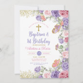 Tweelingdoop en 1e verjaardag Paarse en roze bloem Kaart (Voorkant)