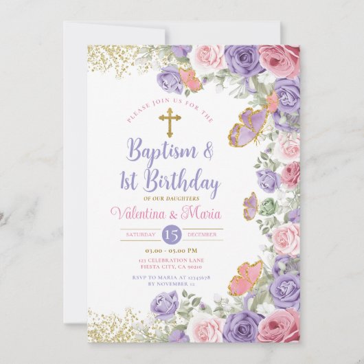 Tweelingdoop en 1e verjaardag Paarse en roze bloem Kaart (Voorkant)