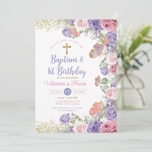 Tweelingdoop en 1e verjaardag Paarse en roze bloem Kaart (Staand voorkant)