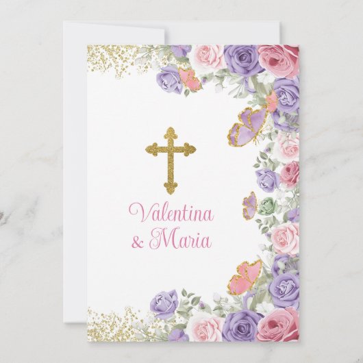 Tweelingdoop en 1e verjaardag Paarse en roze bloem Kaart (Achterkant)