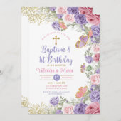 Tweelingdoop en 1e verjaardag Paarse en roze bloem Kaart (Voorkant / Achterkant)