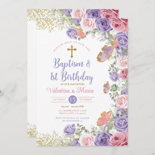 Tweelingdoop en 1e verjaardag Paarse en roze bloem Kaart (Voorkant / Achterkant)