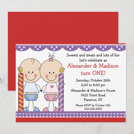 Tweelingen 1e verjaardag Uitnodiging (Voorkant / Achterkant)