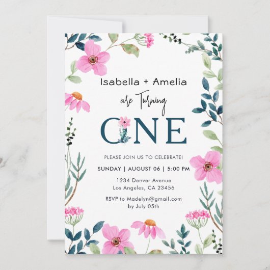 Tweelingen 1e Verjaardagsfeest Wildbloemen Thema Kaart (Voorkant)