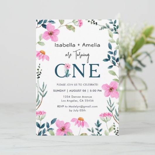 Tweelingen 1e Verjaardagsfeest Wildbloemen Thema Kaart (Staand voorkant)