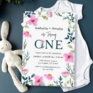 Tweelingen 1e Verjaardagsfeest Wildbloemen Thema Kaart