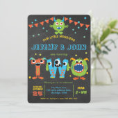 Tweelingen 2e verjaardag schattige kleine monsterf kaart (Staand voorkant)