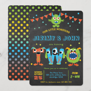 Tweelingen 2e verjaardag schattige kleine monsterf kaart