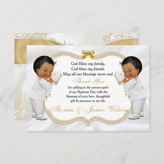 Tweelingen babybays Baptisme Gold Cross Hartelijk  Bedankkaart (Voorkant / Achterkant)