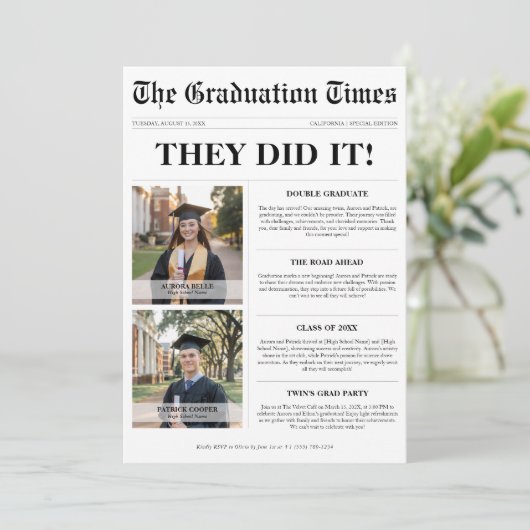 Tweelingen deden het gezamenlijke Afstuderen krant Kaart (Staand voorkant)