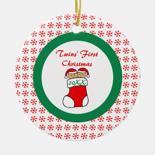 Tweelingen eerste kerststooking keramisch ornament (Voorkant)