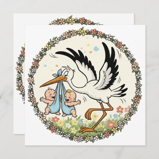 Tweelingen en Ooievaar Vintage Design Kaart (Voorkant / Achterkant)