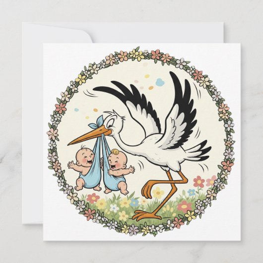 Tweelingen en Ooievaar Vintage Design Kaart (Achterkant)