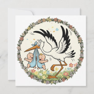 Tweelingen en Ooievaar Vintage Design Kaart