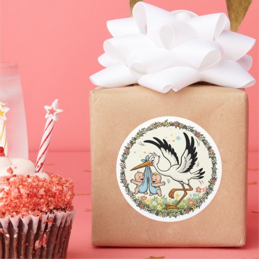 Tweelingen en Ooievaar Vintage Design Ronde Sticker (Feest)