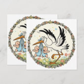 Tweelingen en Ooievaar Vintage Design Save The Date (Voorkant / Achterkant)