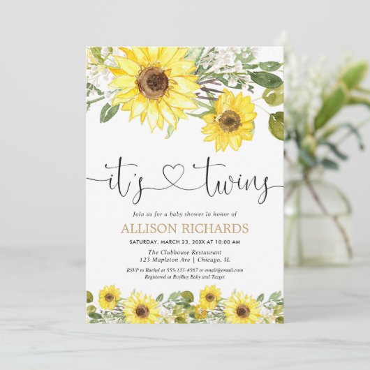 Tweelingen geslachtsneutraal geel zonnebloemen bab kaart (Staand voorkant)