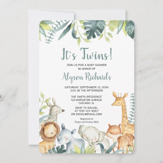 Tweelingen geslachtsneutrale safari dieren baby sh kaart (Voorkant)