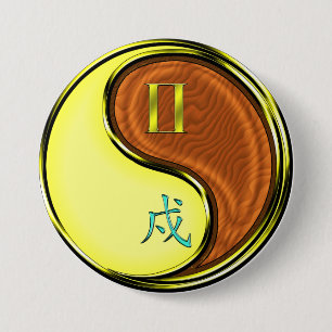 Tweelingen & Houten Hond Ronde Button 7,6 Cm