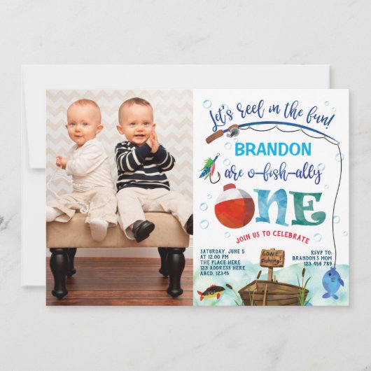 Tweelingen jongens kleine visser foto 1 verjaardag kaart (Voorkant)