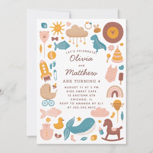 Tweelingen kinderen verjaardagsfeest. Speelgoed vo (Voorkant)