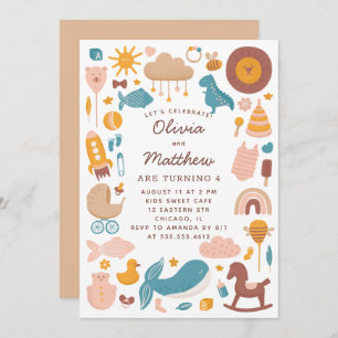 Tweelingen kinderen verjaardagsfeest. Speelgoed vo