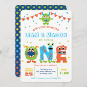 Tweelingen kleine monsters eerste verjaardag jonge kaart (Voorkant / Achterkant)